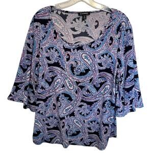 Roz & Ali Paisley Top Womens Size 2X Turquoise Pink Bell Sleeve Blouse